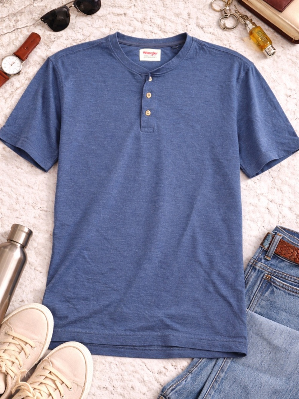 Wrangler Authentics Blue Henley T-Shirt | Size Large | Casual Classic